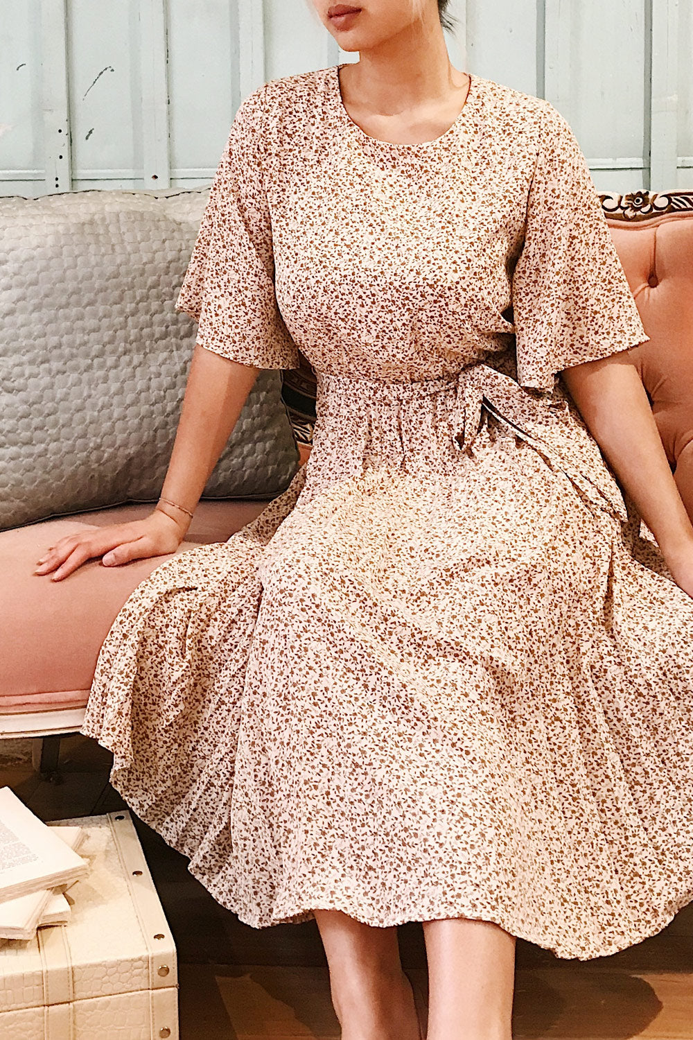 ALVIE CREAM modelAlvie Red Short Sleeve Floral Midi Dress | Boutique 1861 model