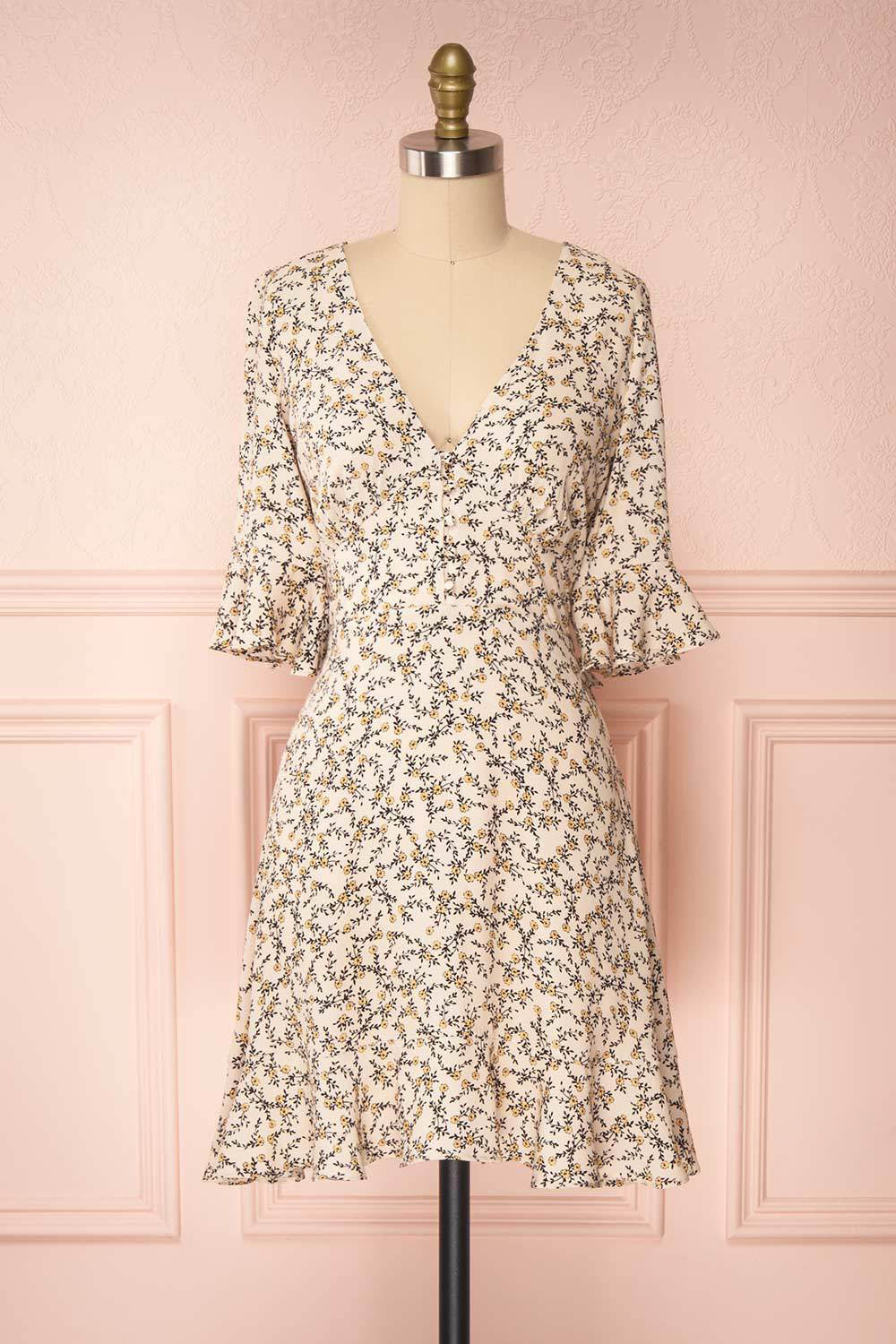 Alwena Beige Floral Short Dress | Boutique 1861