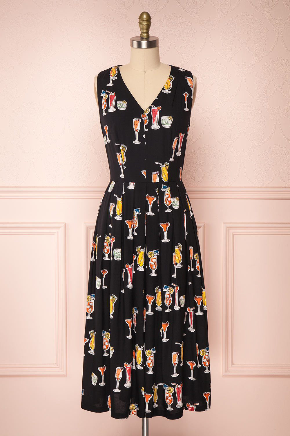 Alyosha Black Cocktail Pattern Pleated A-Line Dress | Boutique 1861