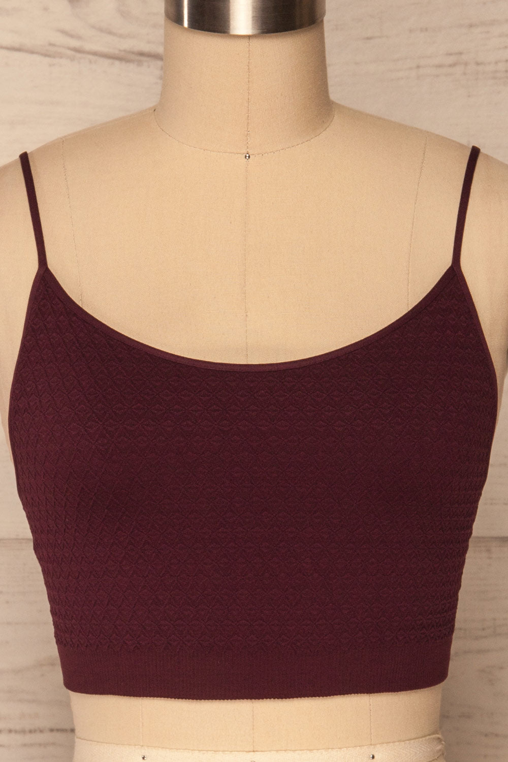 Anadia Burgundy Embossed Cropped Cami | La petite garçonne front close up
