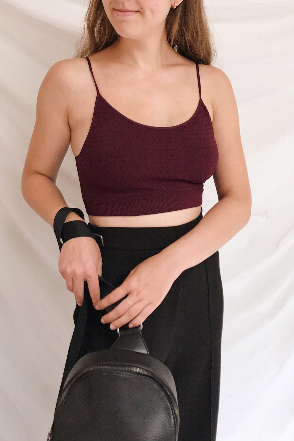Anadia Burgundy Embossed Cropped Cami | La petite garçonne on model