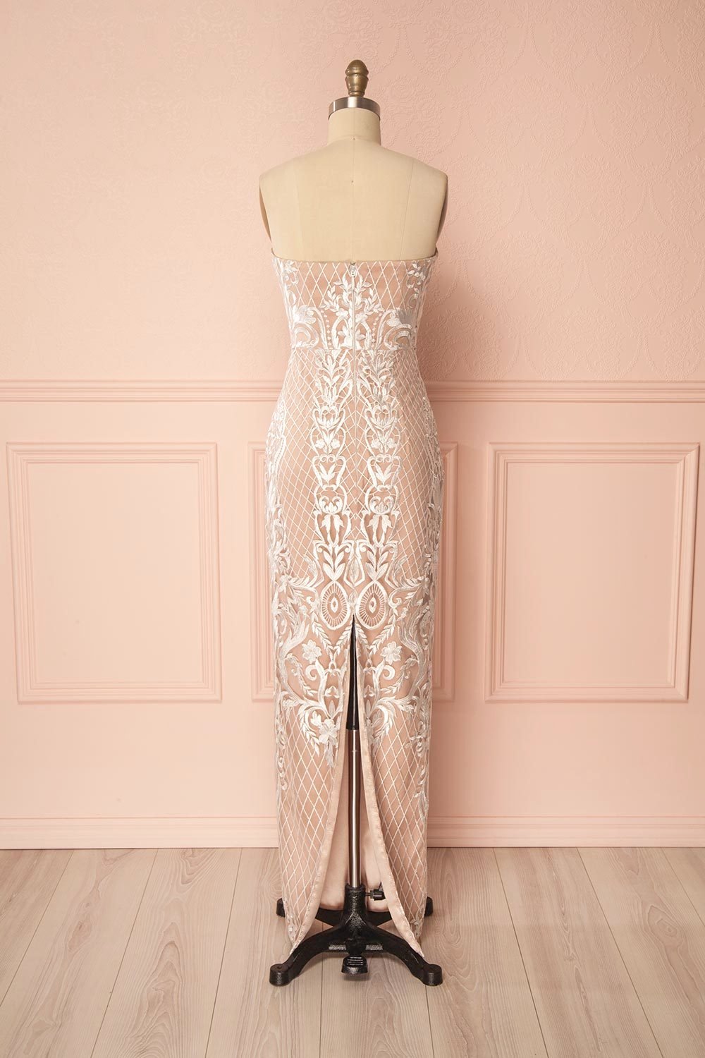 Angélique Beige Embroidered Fitted Maxi Dress with Cape | Boudoir 1861 8