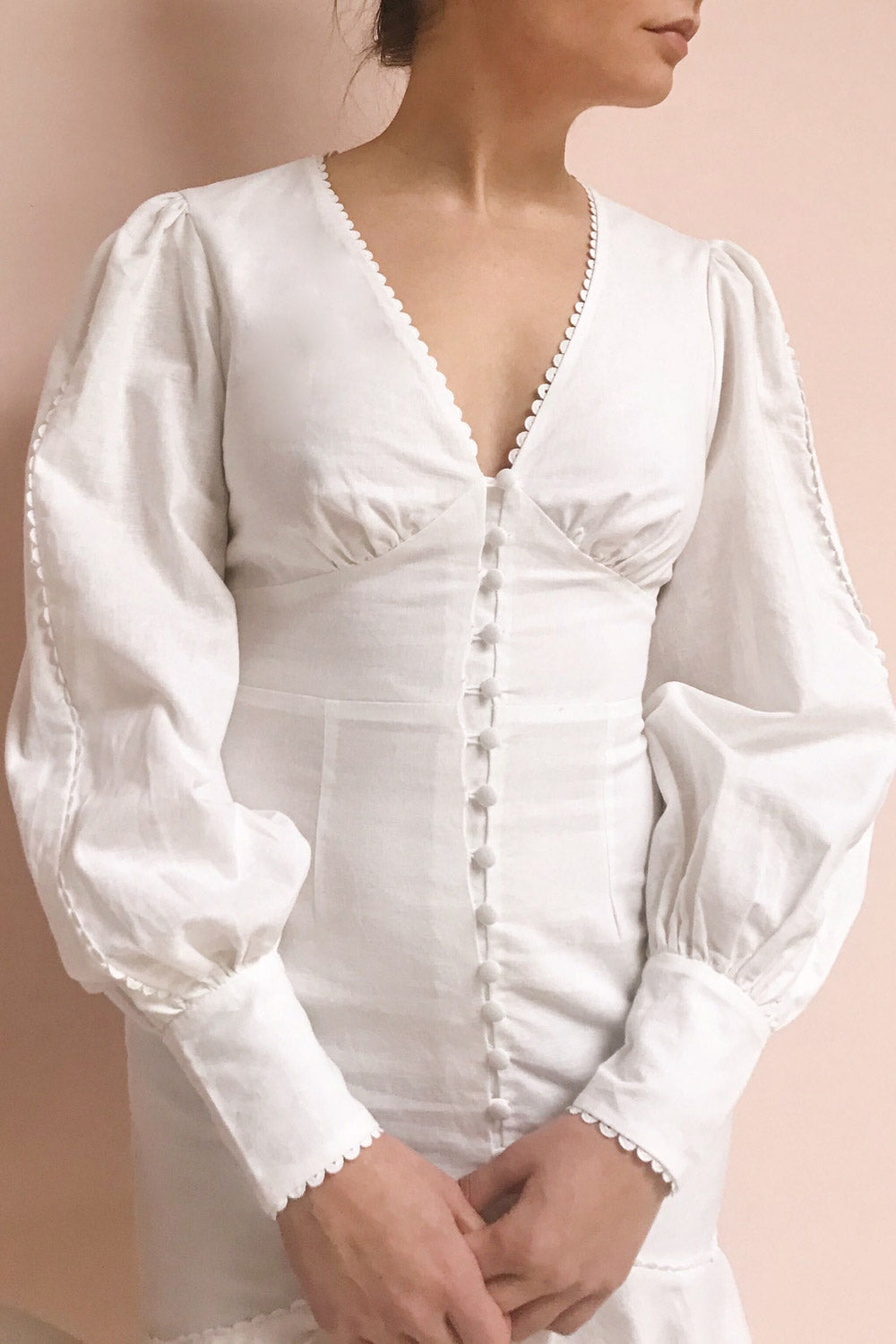 Anoukis White Long Sleeves Bridal Dress | Boudoir 1861 model close up