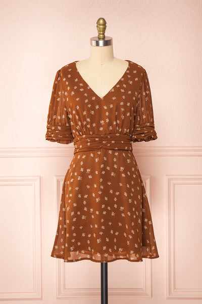 Aosagibi Brown Patterned Short Sleeve Dress | Boutique 1861 front view