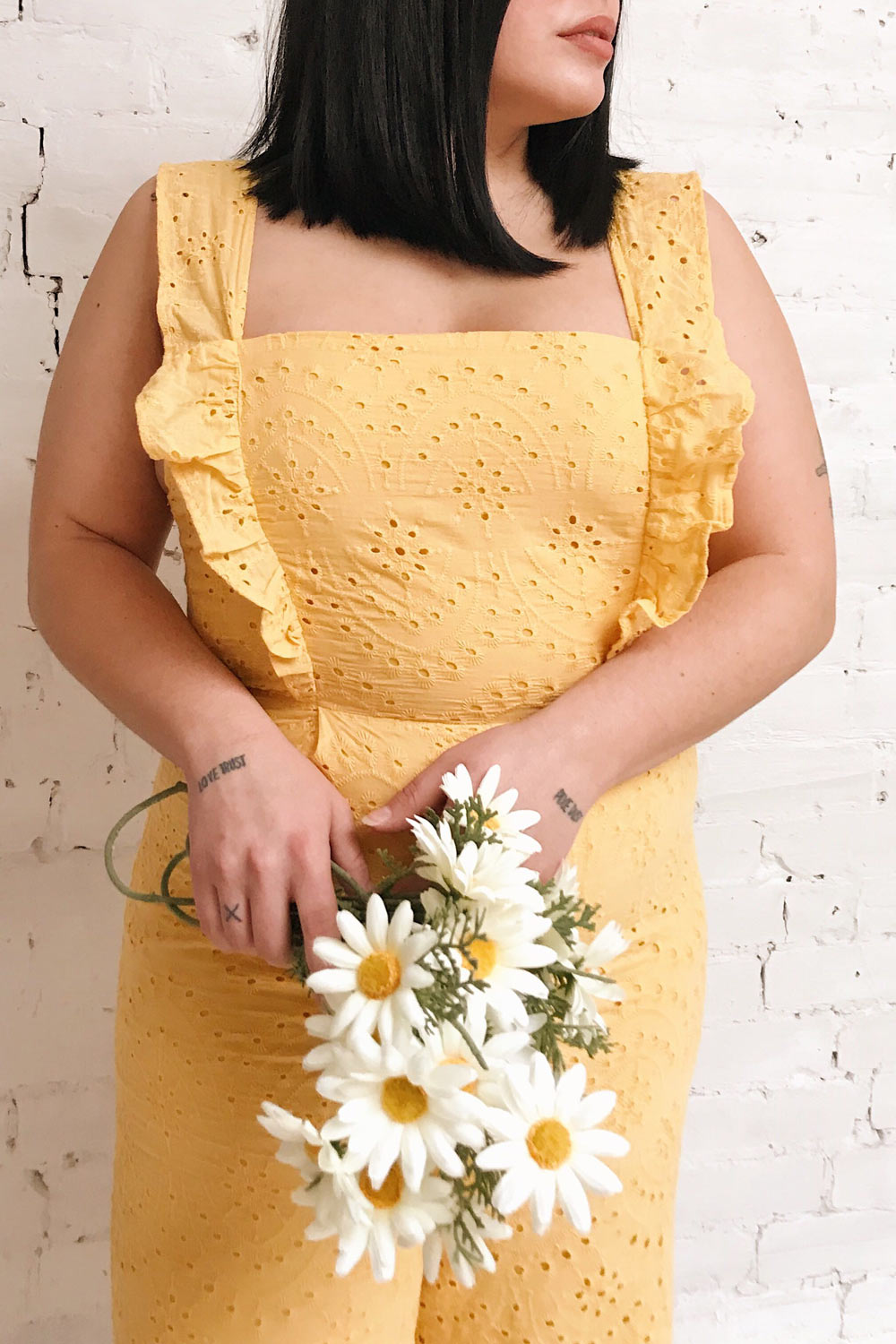 Ardfesh Yellow Embroidered Openwork Jumpsuit | Boutique 1861 on model