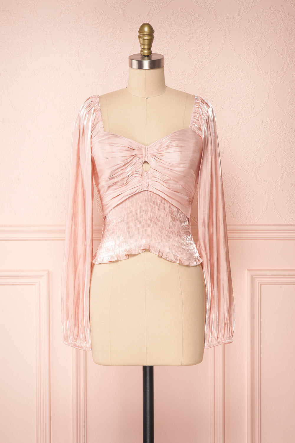 Ardvinna Pink Silky Off-Shoulder Ruched Crop Top | Boutique 1861 front view