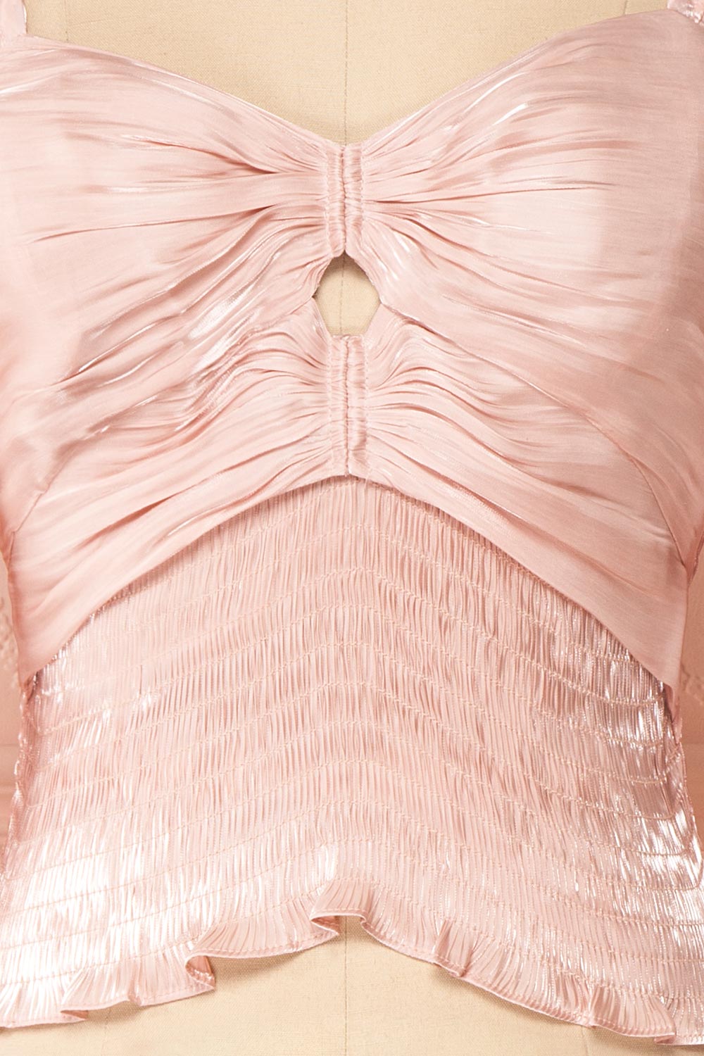 Ardvinna Pink Silky Off-Shoulder Ruched Crop Top | Boutique 1861 fabric detail