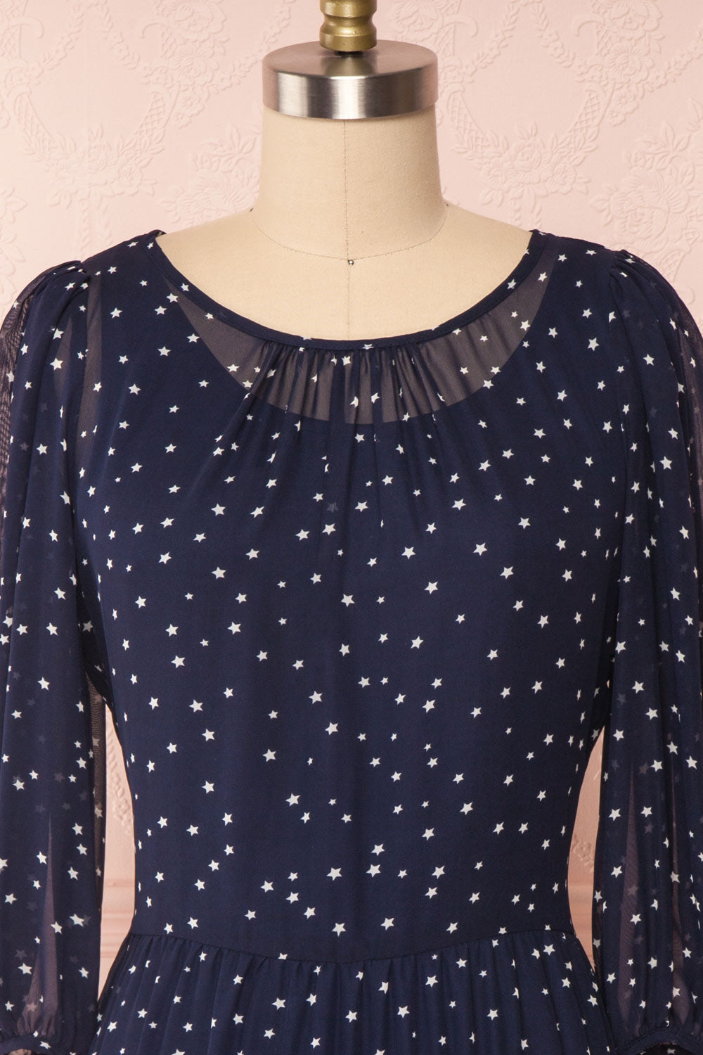 Aricia Navy Blue & White Star Patterned Party Dress front close up | Boutique 1861