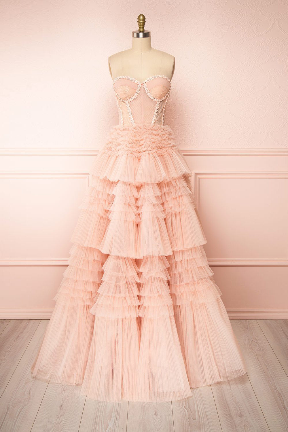 Aristee Blush Bustier Layered Tulle Maxi Dress | Boudoir 1861 front