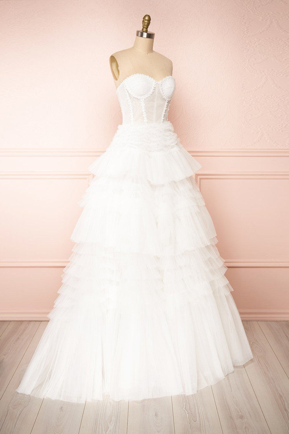 Aristee White Bustier Layered Tulle Maxi Dress | Boudoir 1861 side view