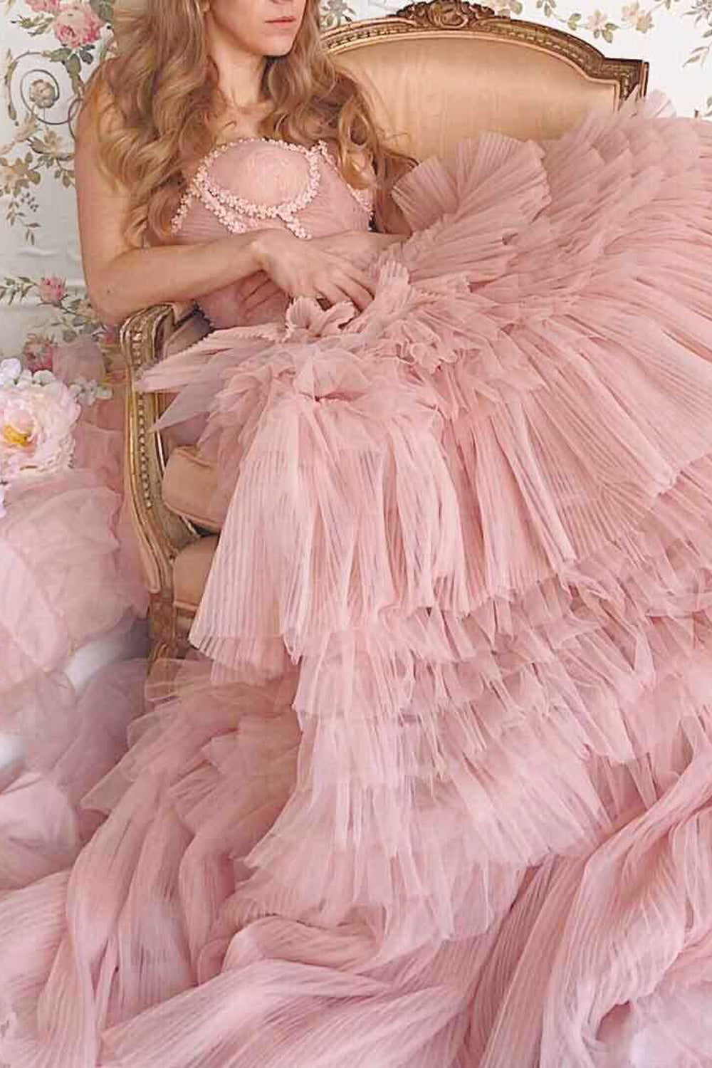 Aristee Blush Bustier Layered Tulle Maxi Dress | Boudoir 1861 model sitting