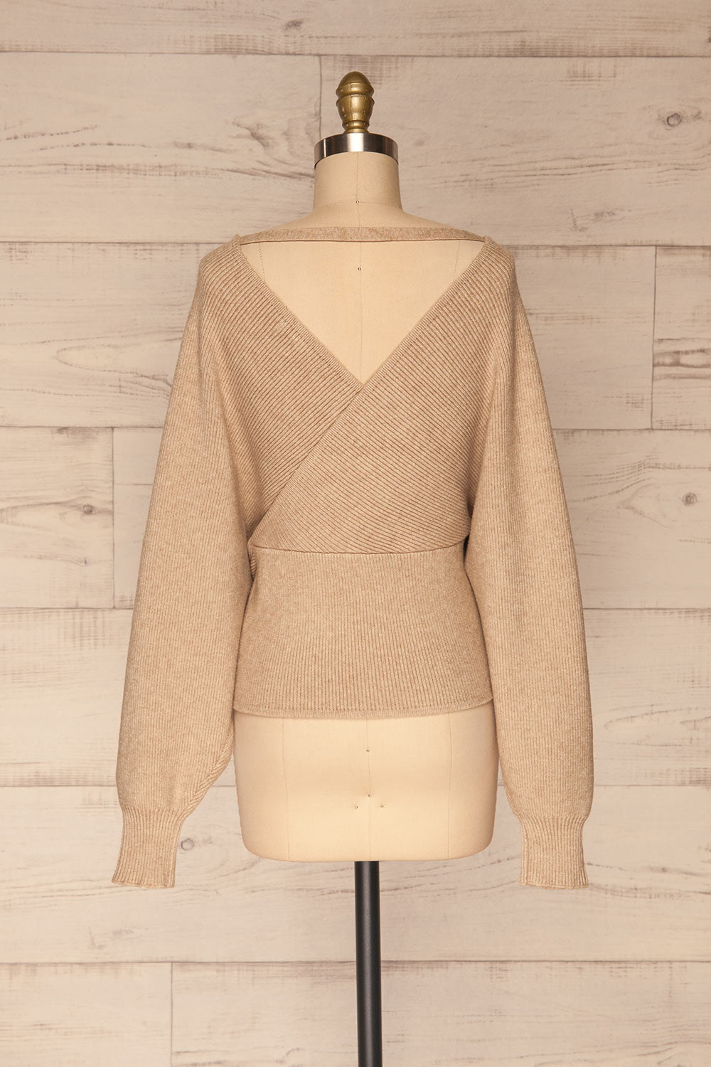 Armis Taupe Ribbed Faux Wrap Sweater | La petite garçonne back view