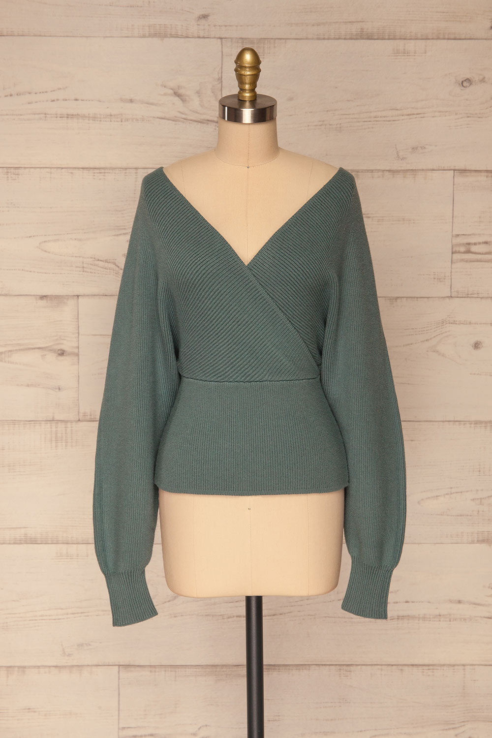 Armis Teal Ribbed Faux Wrap Sweater | La petite garçonne front view