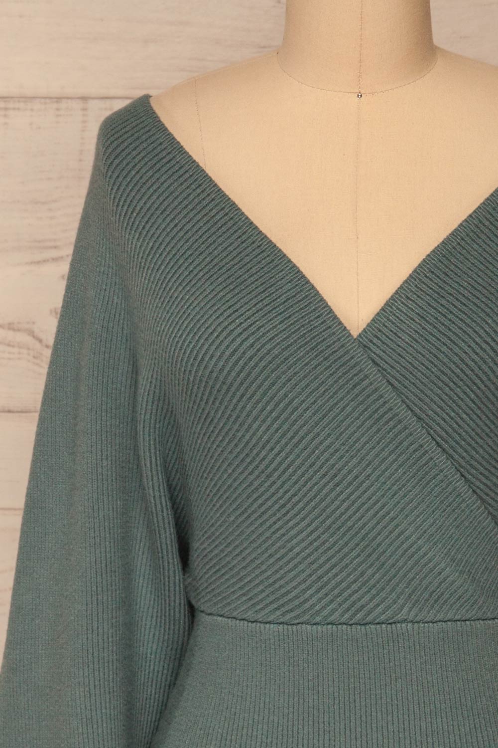 Armis Teal Ribbed Faux Wrap Sweater | La petite garçonne front close-up