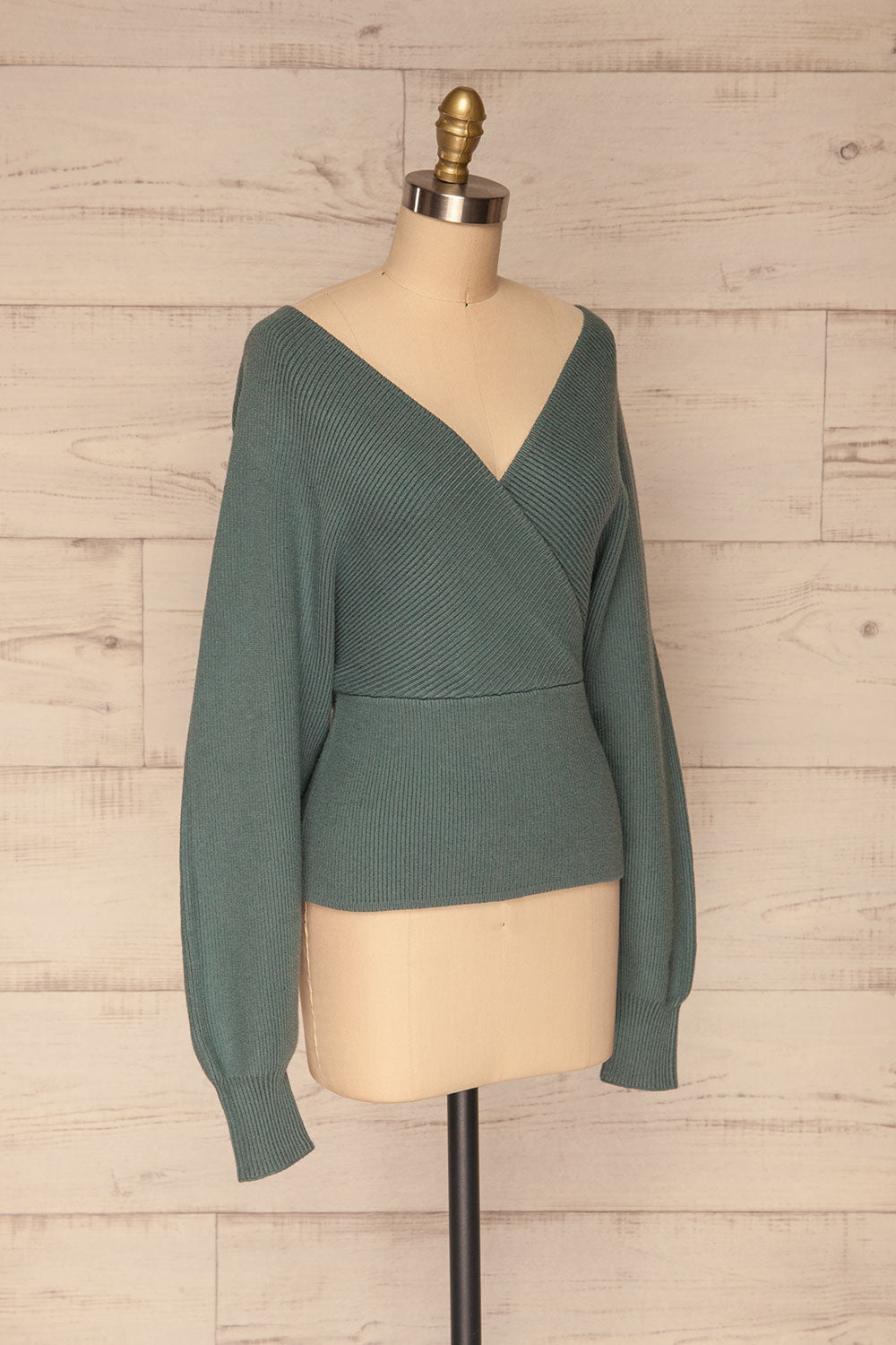 Armis Teal Ribbed Faux Wrap Sweater | La petite garçonne side view