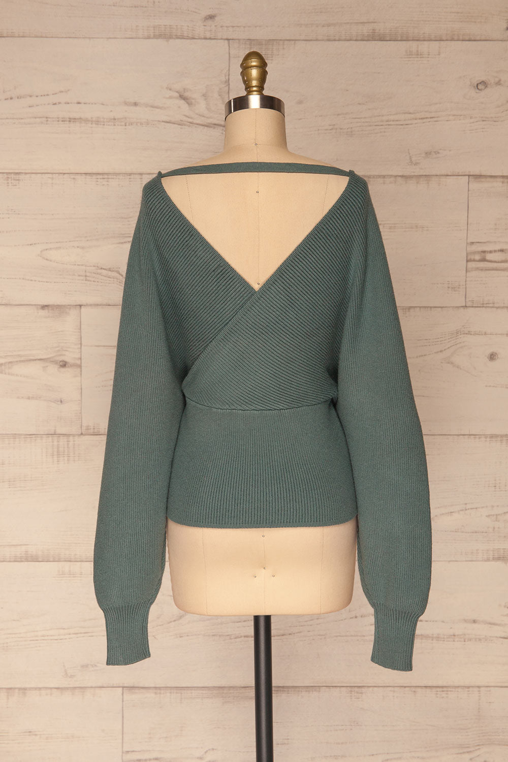 Armis Teal Ribbed Faux Wrap Sweater | La petite garçonne back view