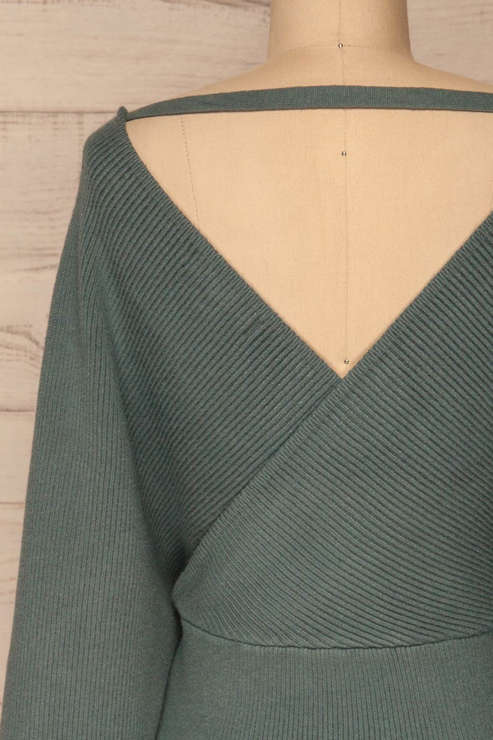 Armis Teal Ribbed Faux Wrap Sweater | La petite garçonne back close-up