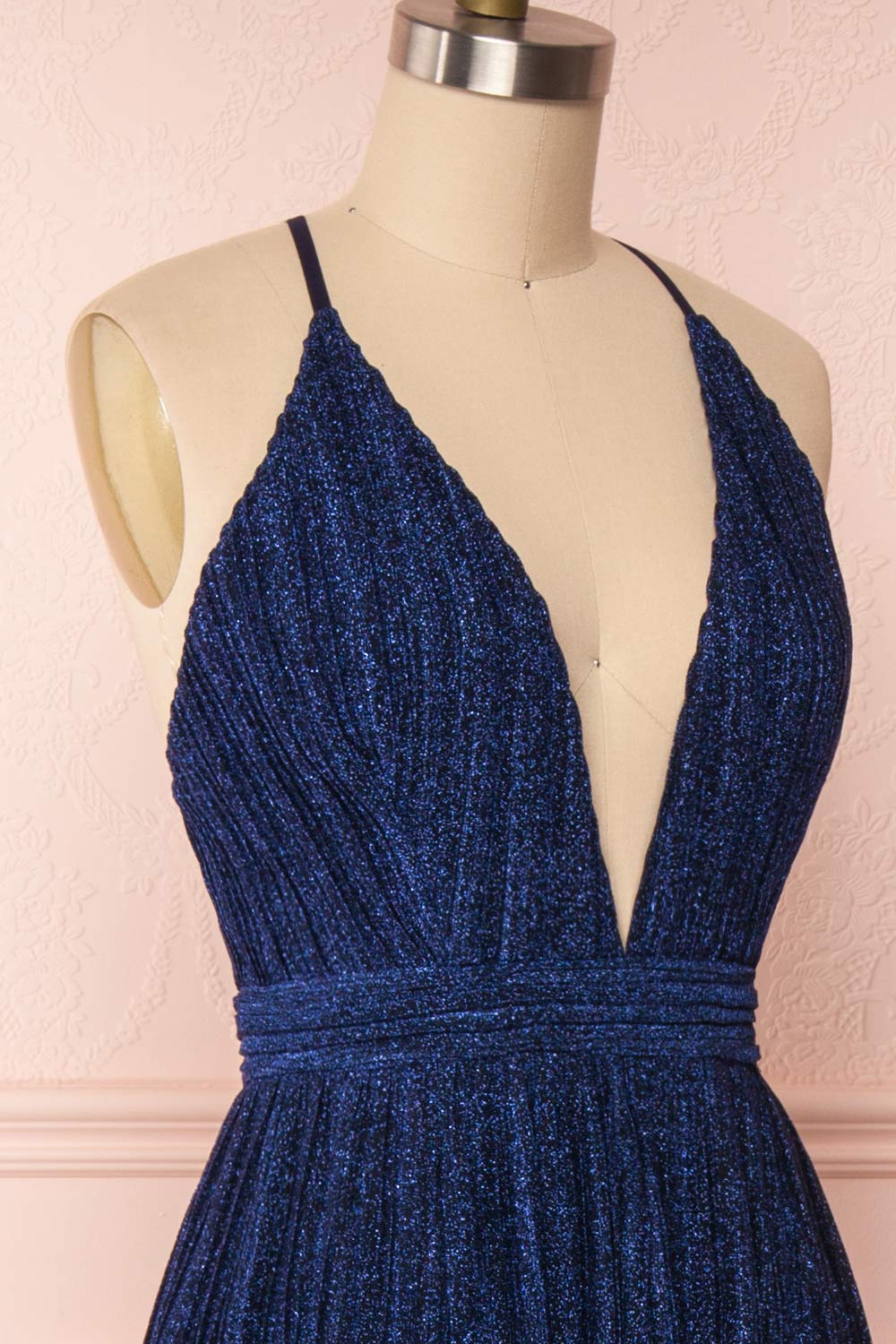 Arnemande Navy Pleated Gown w/ Glitters side close up | Boutique 1861