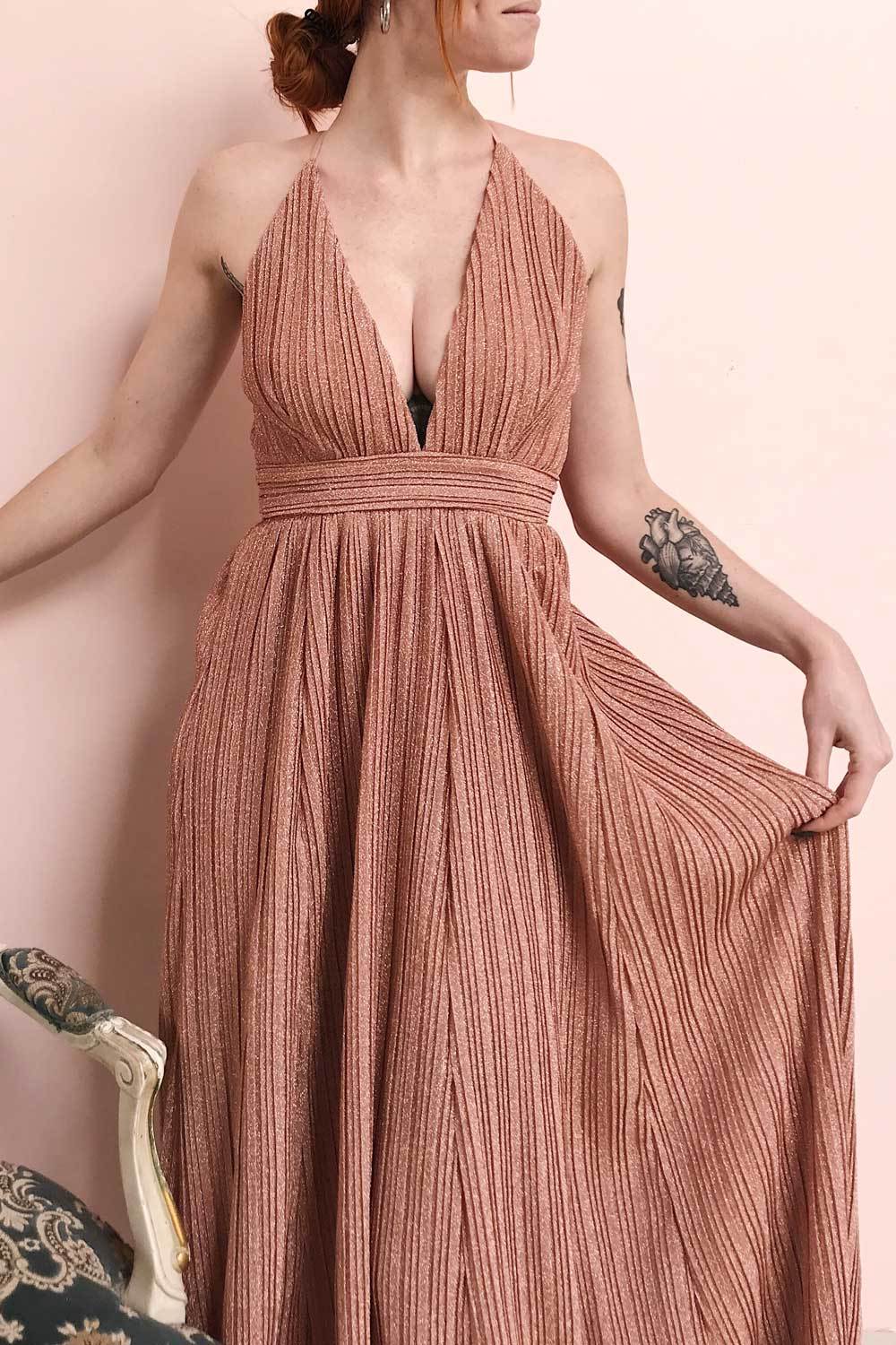 Arnemande Rosegold Pleated Gown w/ Glitters | Boutique 1861 model close up