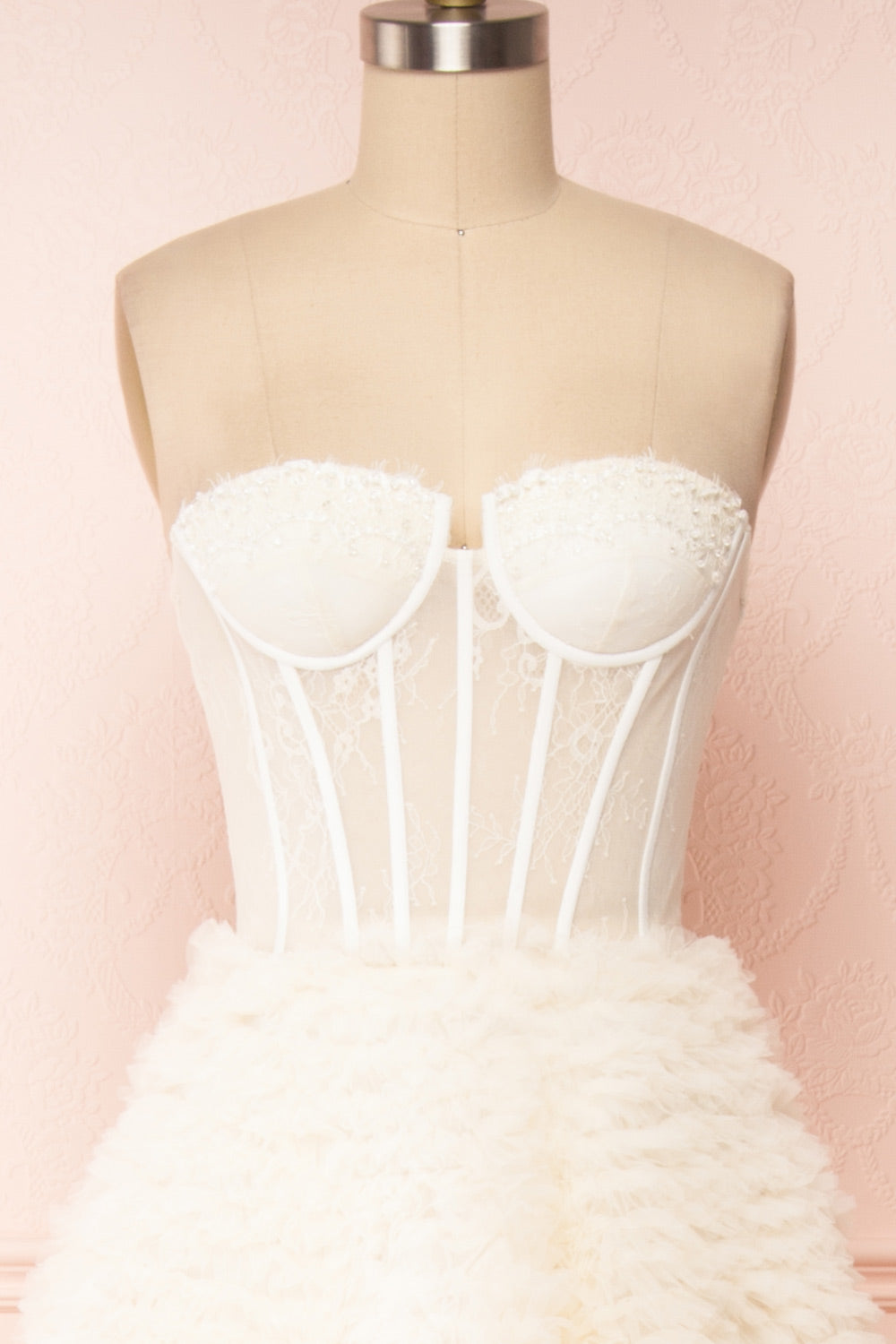 Asako Ivory Bustier Layered Tulle Maxi Dress | Boudoir 1861 front close up