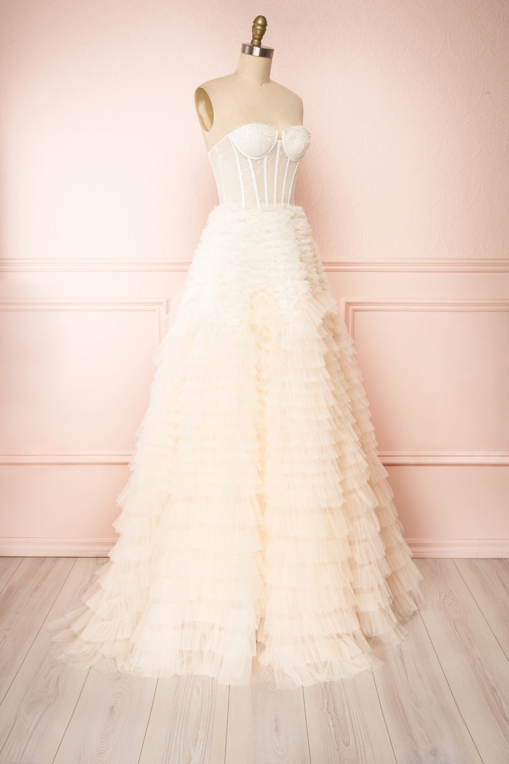 Asako Ivory Bustier Layered Tulle Maxi Dress | Boudoir 1861 side view