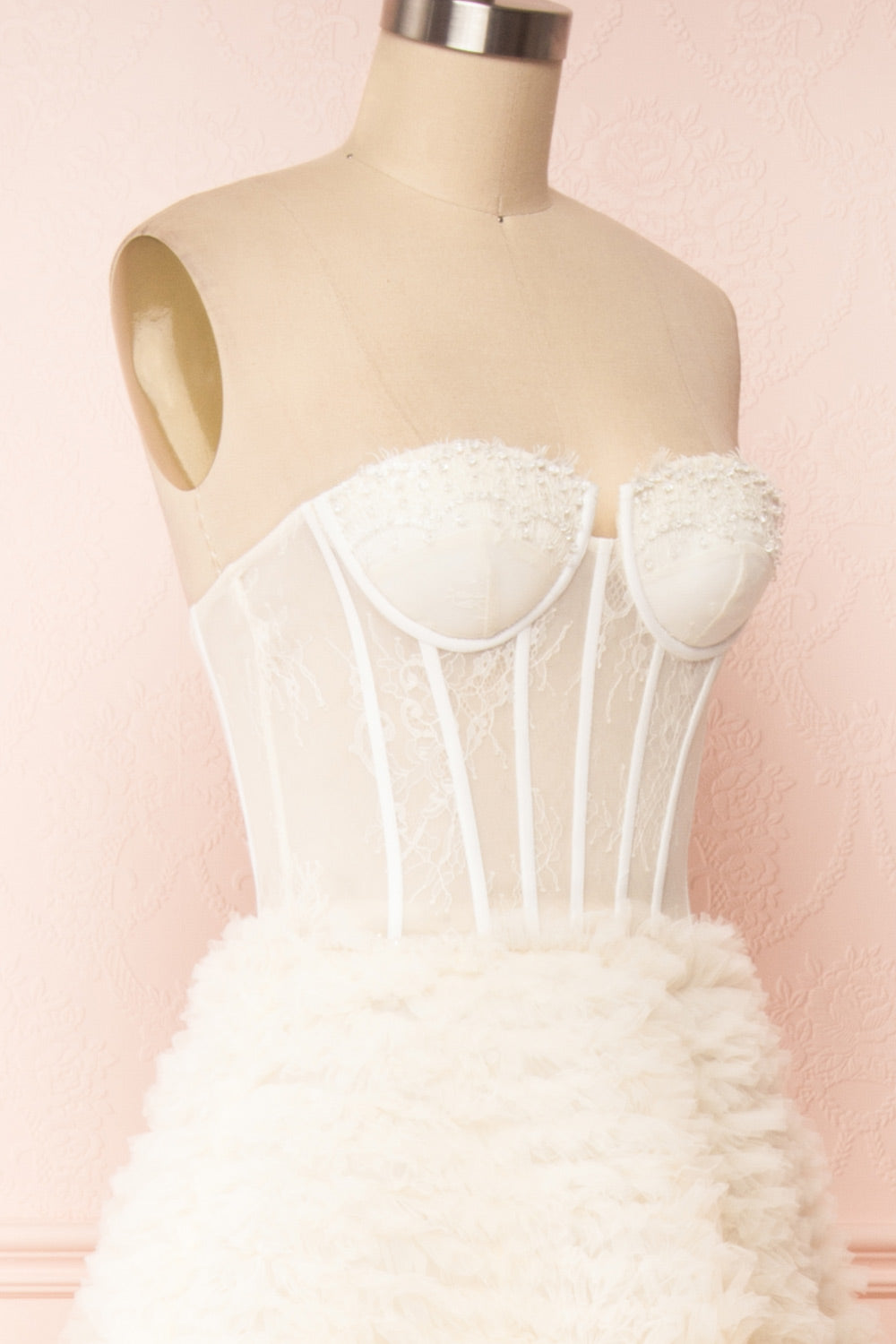 Asako Ivory Bustier Layered Tulle Maxi Dress | Boudoir 1861 side close up