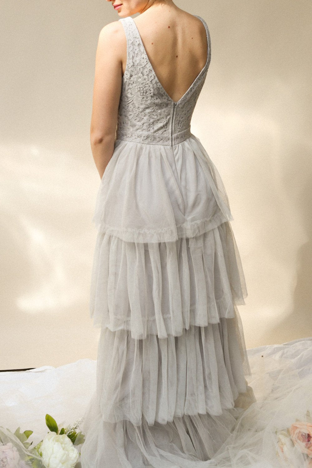 Ashlyn Grey Lace & Tulle Gown | Boudoir 1861 on model view from the back