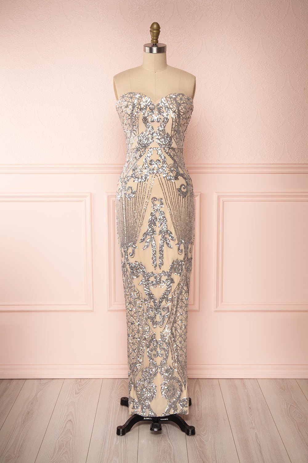 Asteria Beige Off-Shoulder Sequin Gown | Boutique 1861 plus