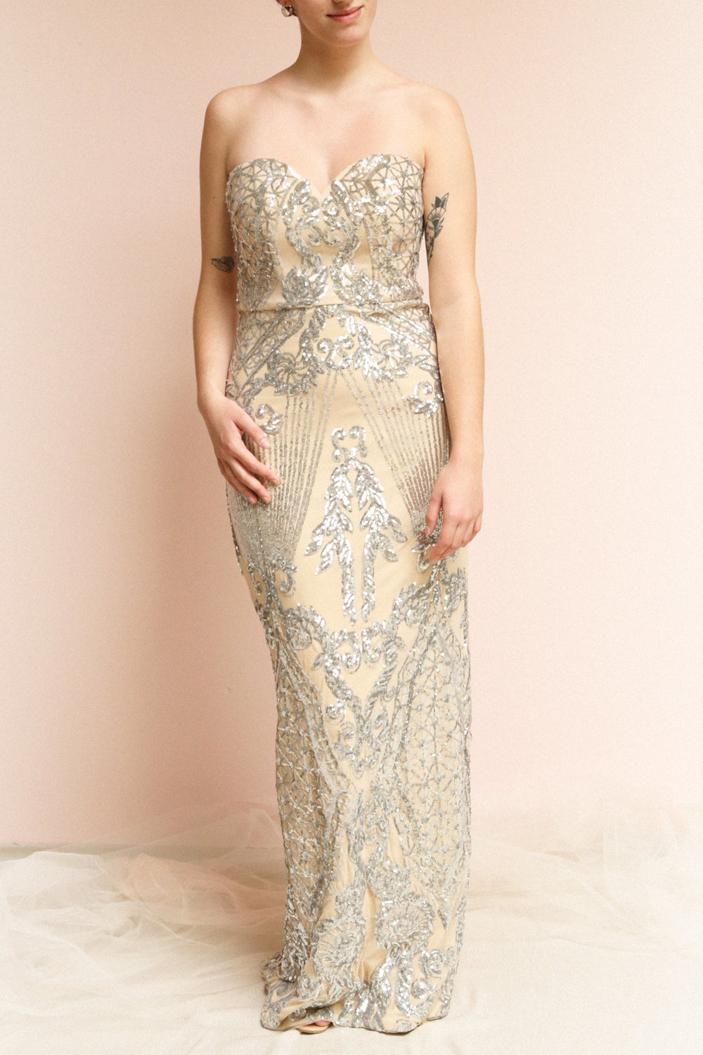 Asteria Mermaid Sequin Gown | Robe Sirène | Boutique 1861 on model wearing the dress without sleeves