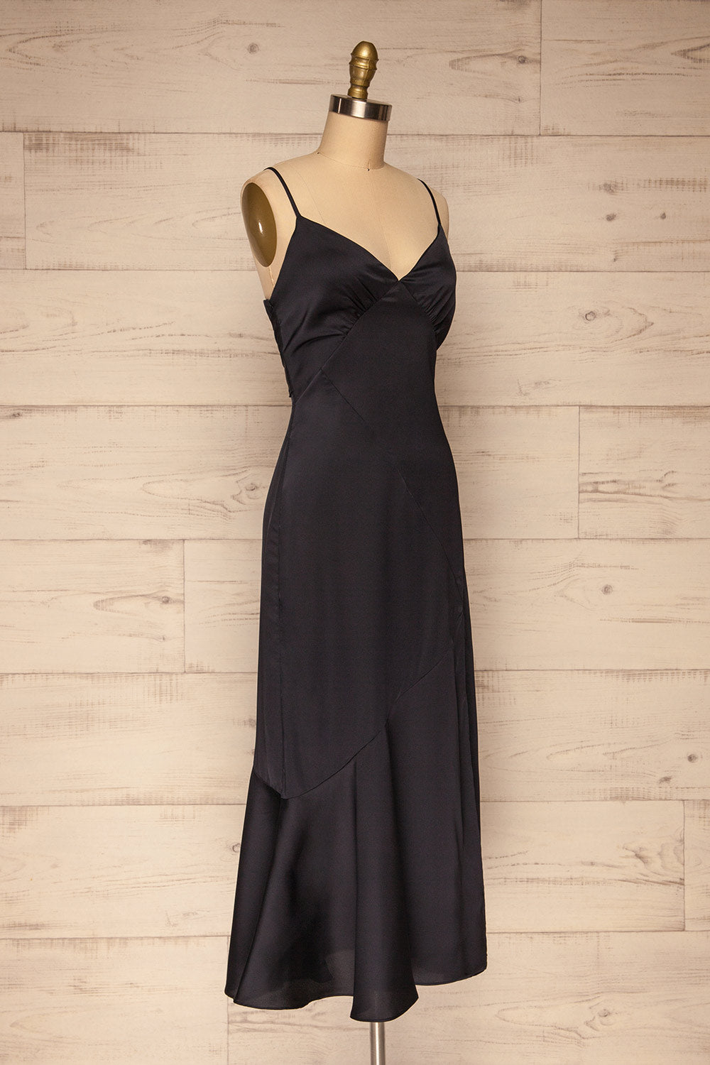Athy Navy V-Neck Midi Satin Dress | La petite garçonne side view