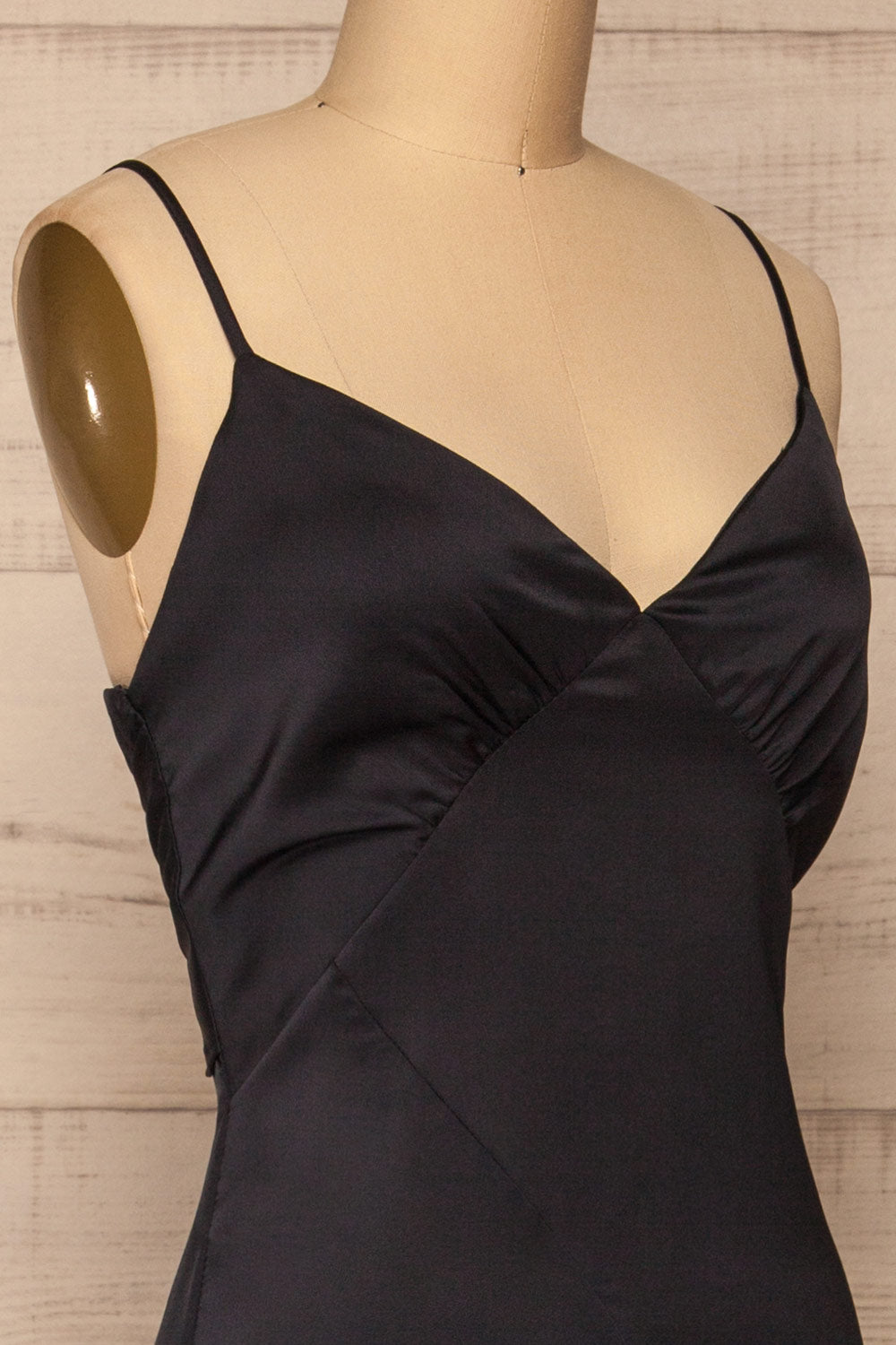 Athy Navy V-Neck Midi Satin Dress | La petite garçonne side close-up