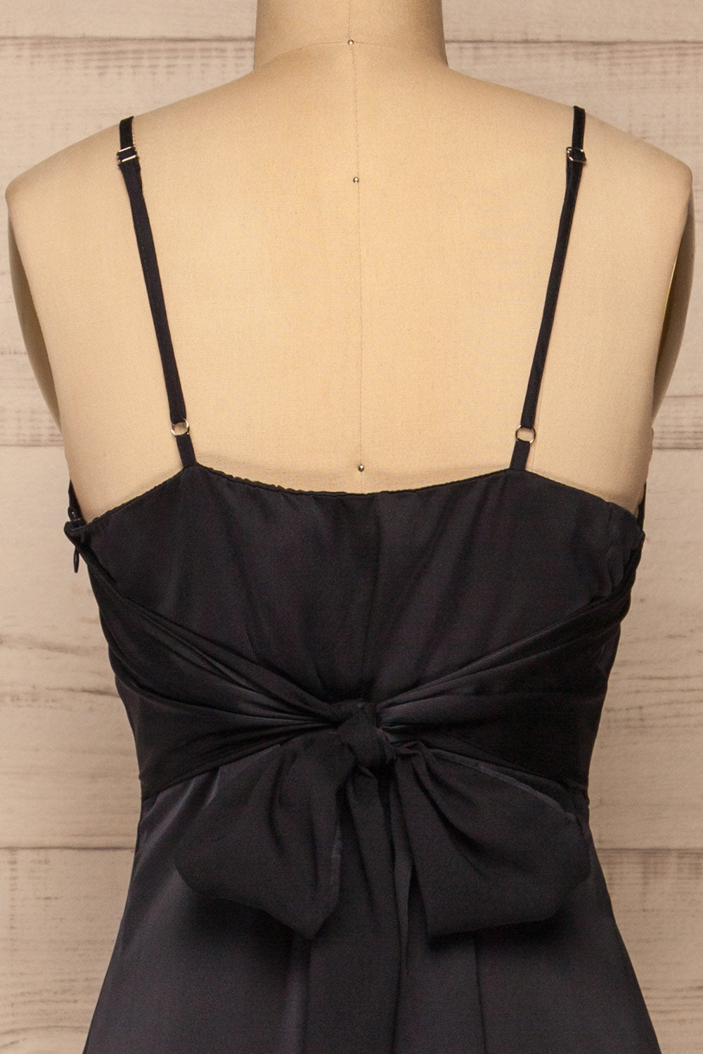 Athy Navy V-Neck Midi Satin Dress | La petite garçonne back close-up