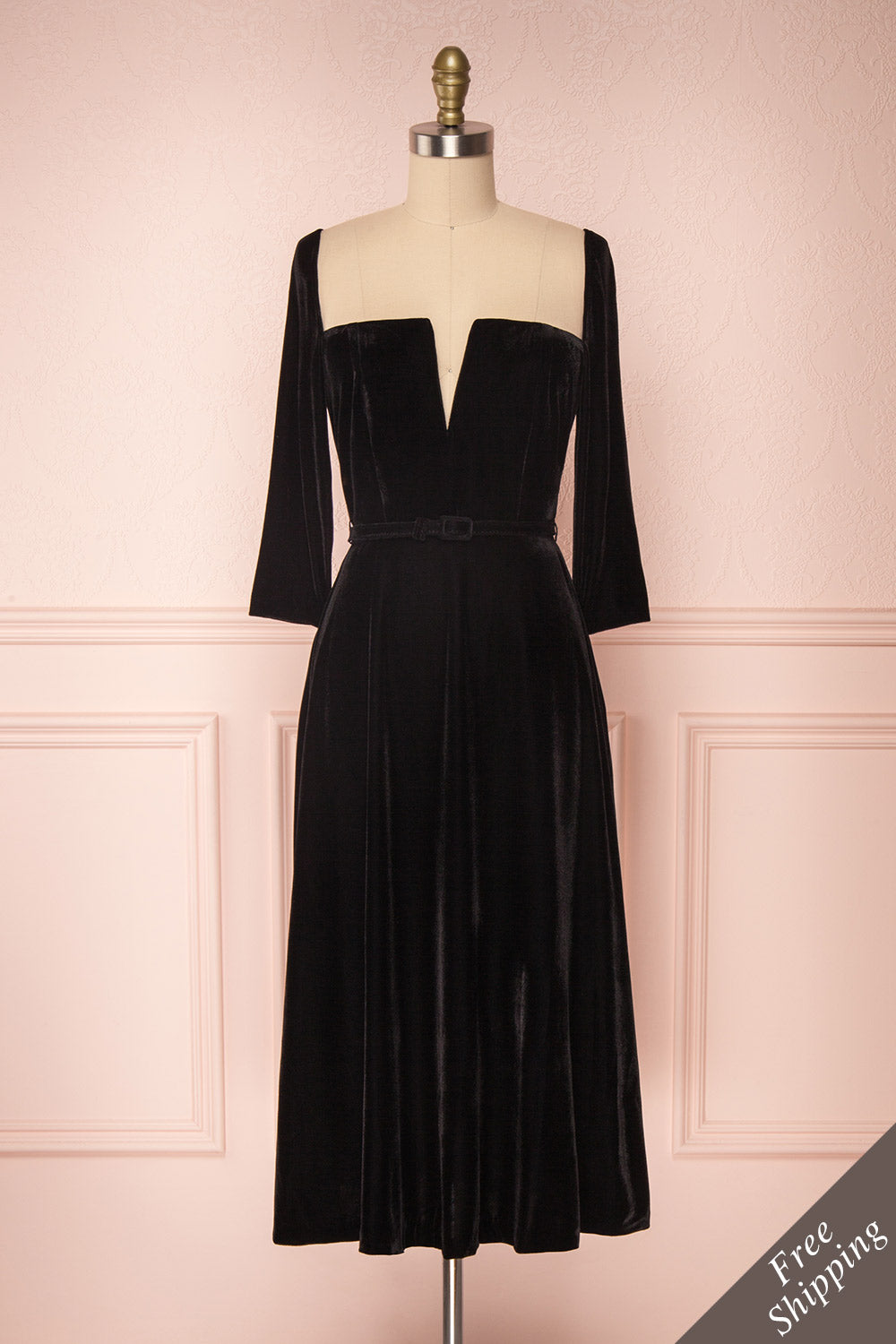 Augustina Black Velvet Midi A-Line Dress | Boutique 1861 front view