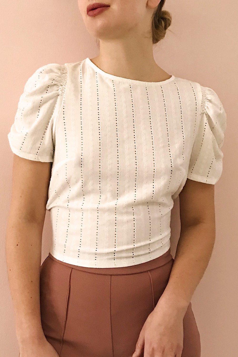 Aversa White Openwork T-Shirt with Open Back | La Petite Garçonne model close up