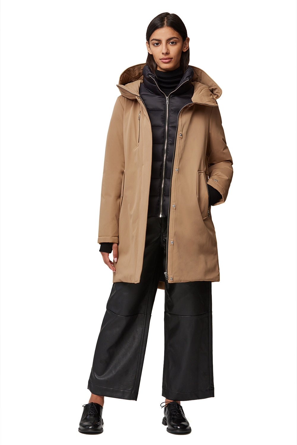 Bilena Beige Mid-Length Down Coat w/ Puffy Bib | La petite garçonne on model