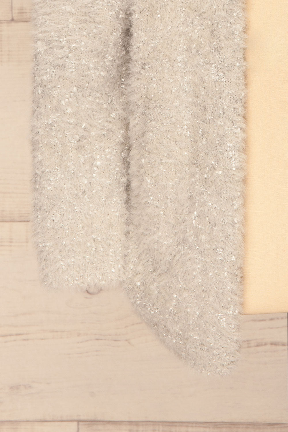Barcelos Grey Sparkly Fuzzy Cardigan | La Petite Garçonne bottom close-up
