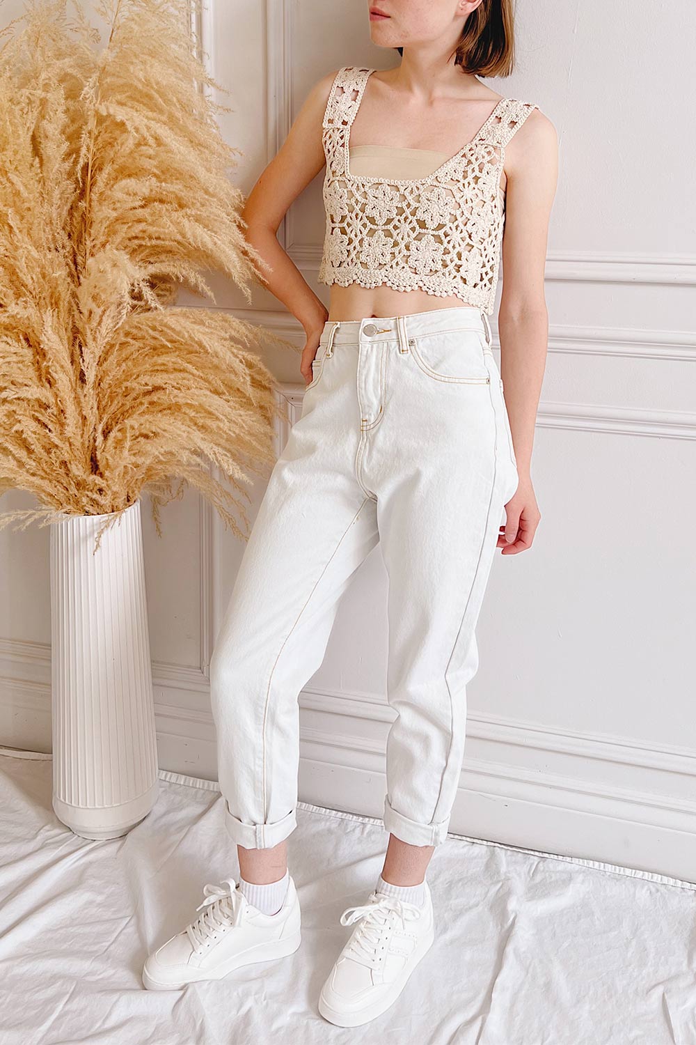 Bellis Beige Crochet Crop Top | Boutique 1861 on model