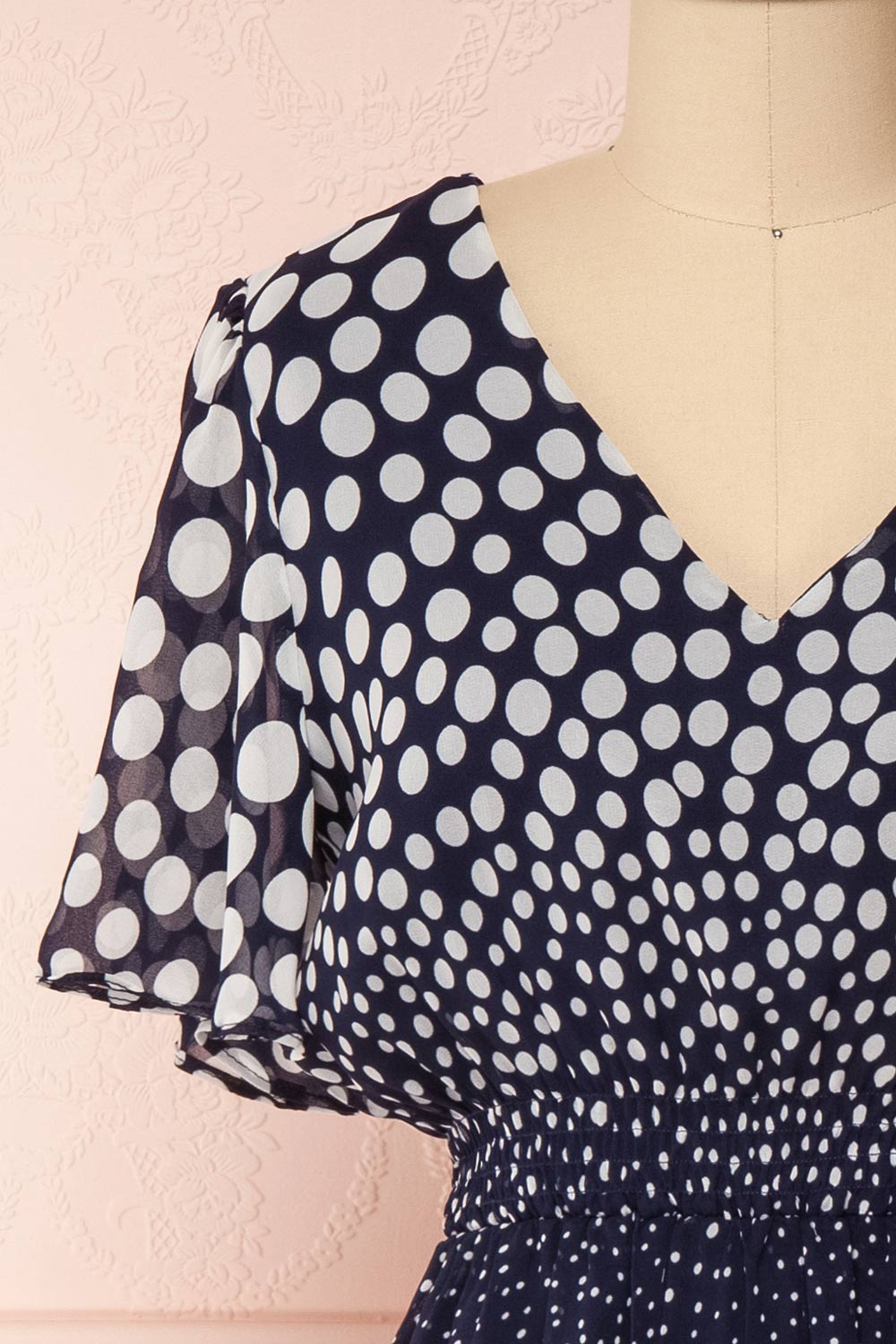 Bergljot Navy Blue & White Polkadot A-Line Dress | Boutique 1861 front close-up
