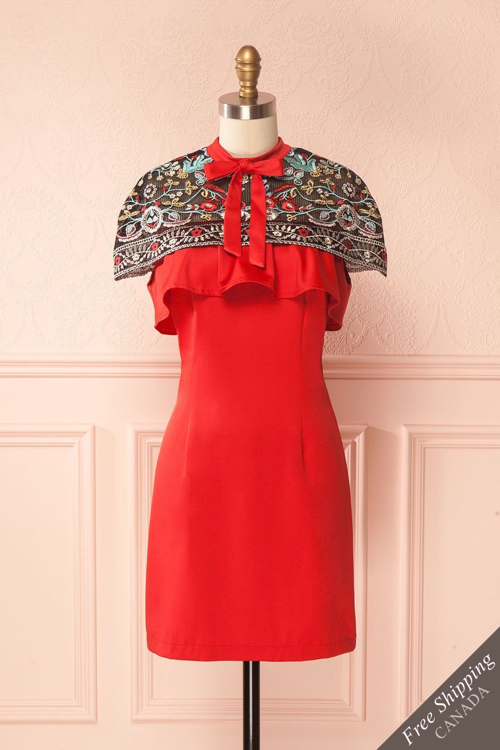 Bibiana Red Fitted Dress with Embroidered Cape | Boutique 1861