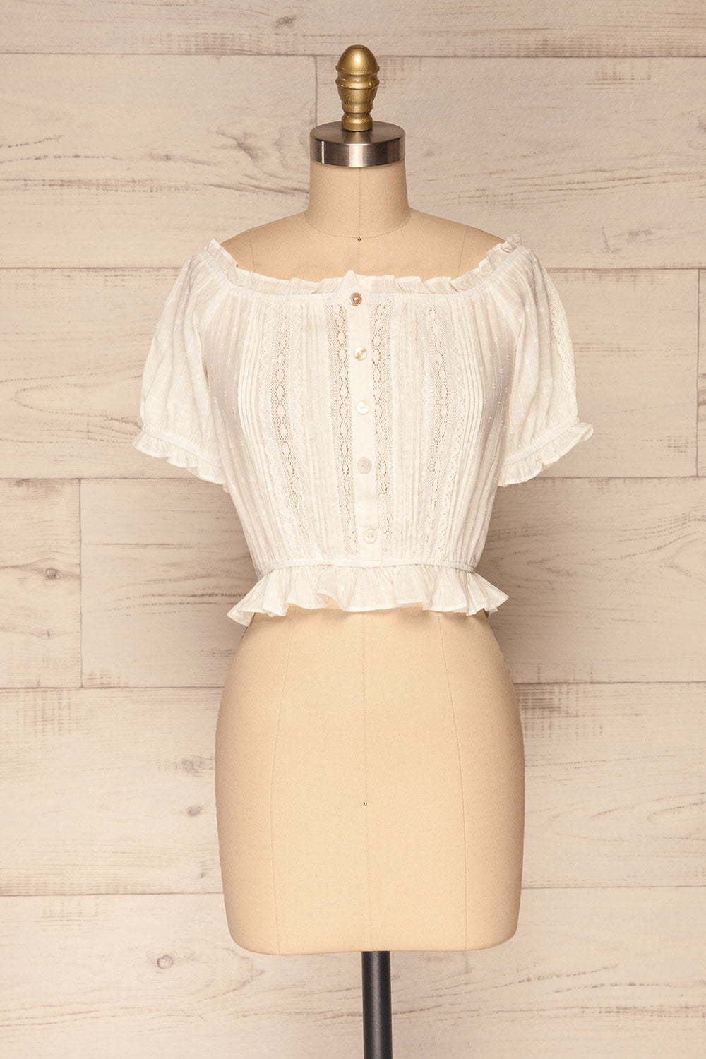 Bibolla White Button-Up Crop Top with Ruffles| La Petite Garçonne front view