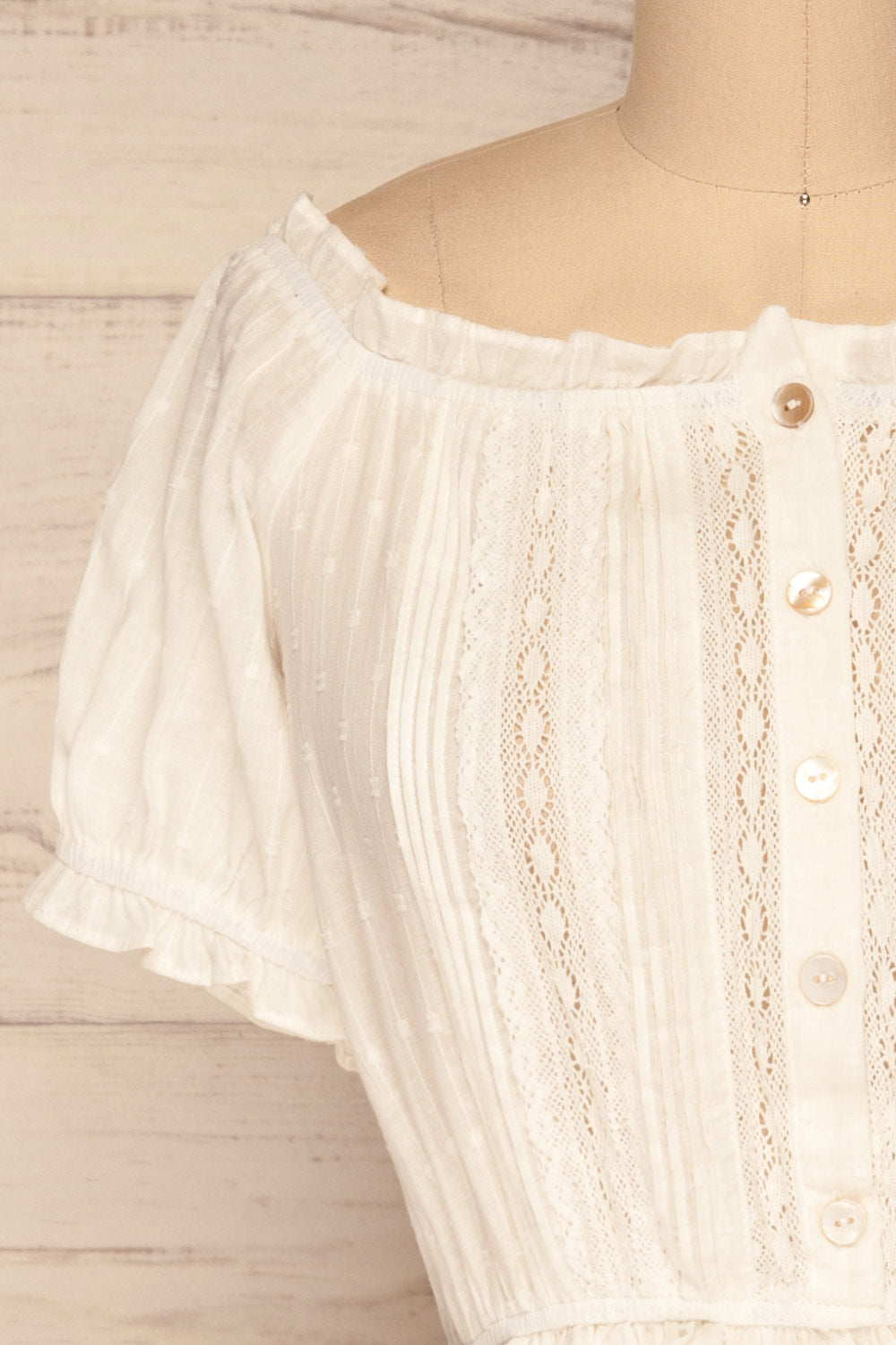 Bibolla White Button-Up Crop Top with Ruffles| La Petite Garçonne front close-up