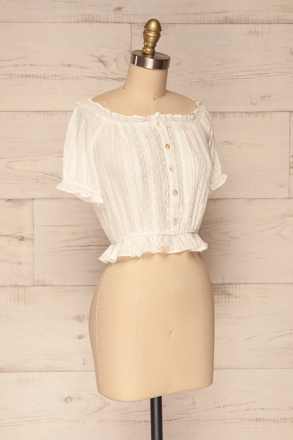 Bibolla White Button-Up Crop Top with Ruffles| La Petite Garçonne side view