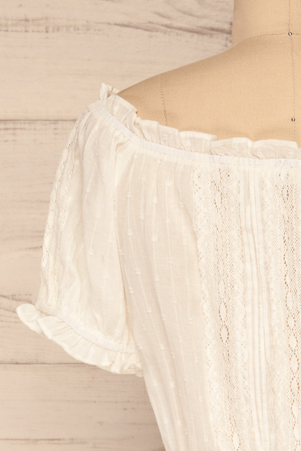 Bibolla White Button-Up Crop Top with Ruffles| La Petite Garçonne back close-up