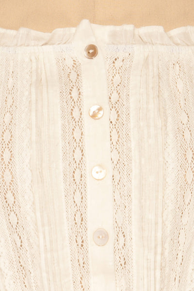 Bibolla White Button-Up Crop Top with Ruffles| La Petite Garçonne fabric detail