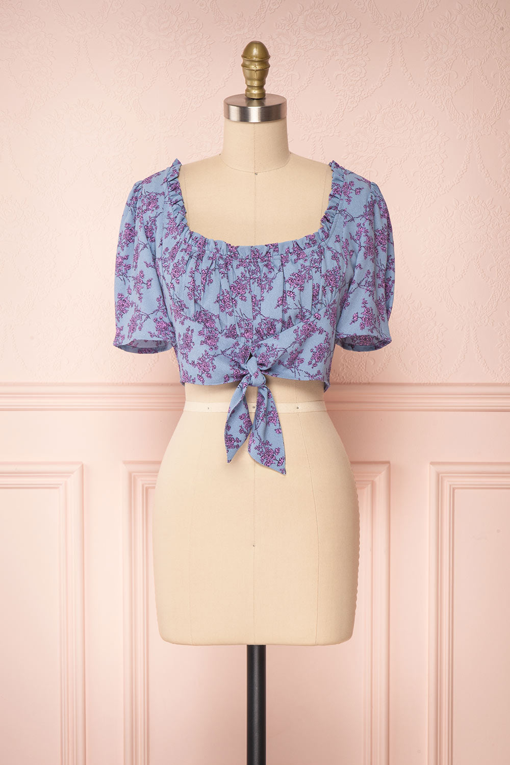 Bielawa Blue & Lilac Floral Short Sleeved Crop Top | FRONT VIEW | Boutique 1861