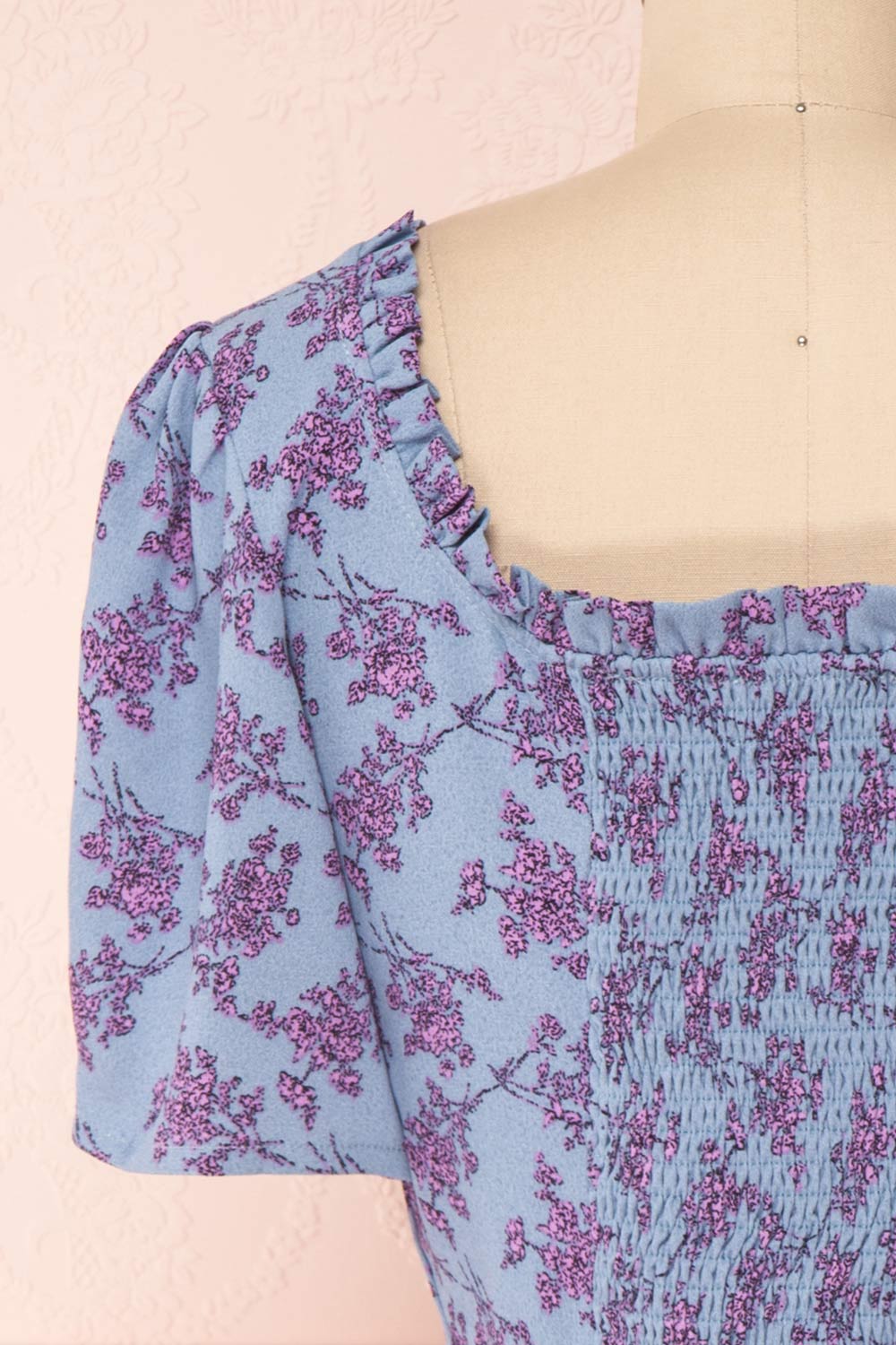 Bielawa Blue & Lilac Floral Short Sleeved Crop Top | BACK CLOSE UP | Boutique 1861