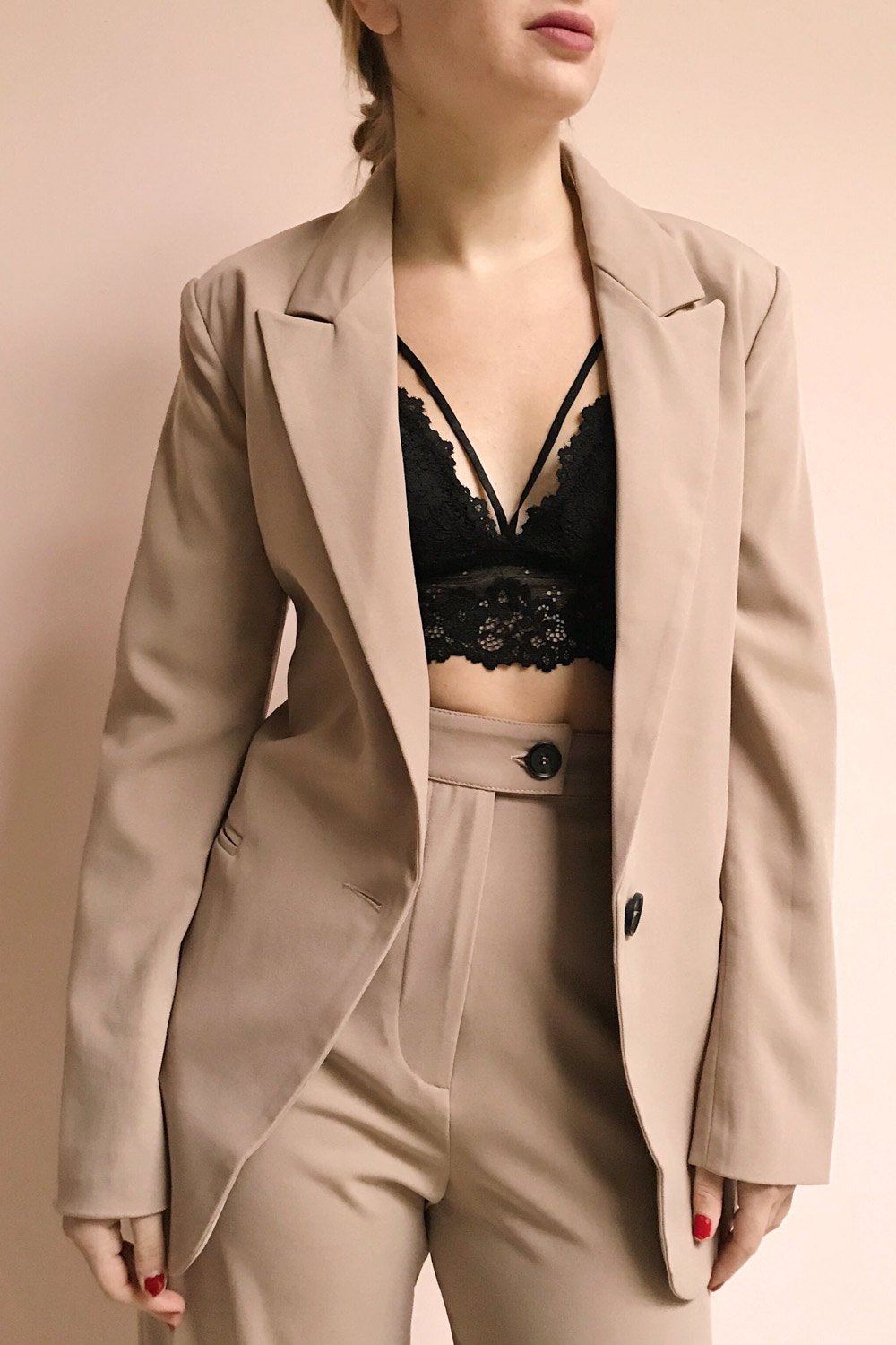 Nandrin Burgundy Lace Triangular Bralette | La Petite Garçonne on model