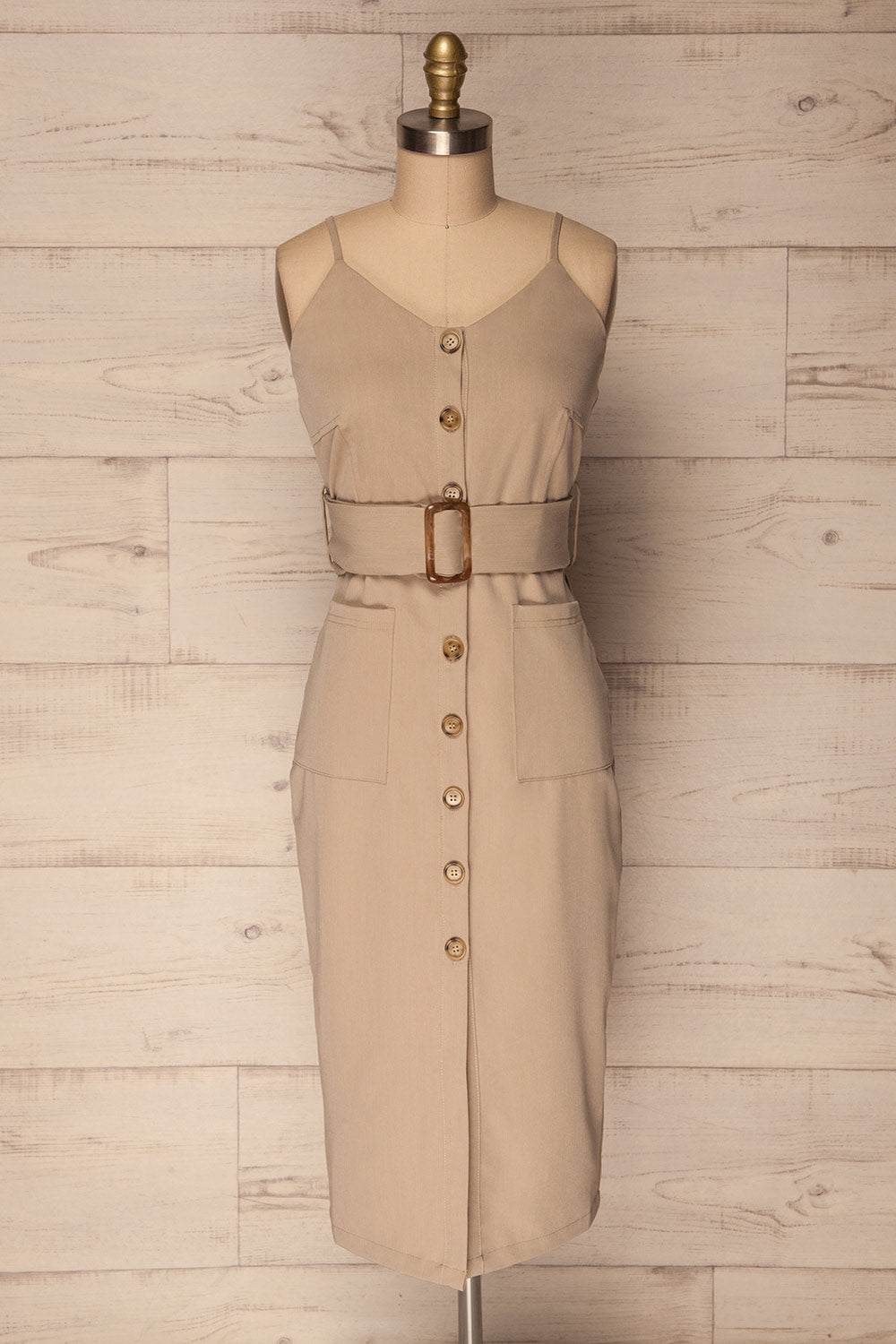 Blazowa Sand Beige Fitted Button-Up Midi Dress | La Petite Garçonne