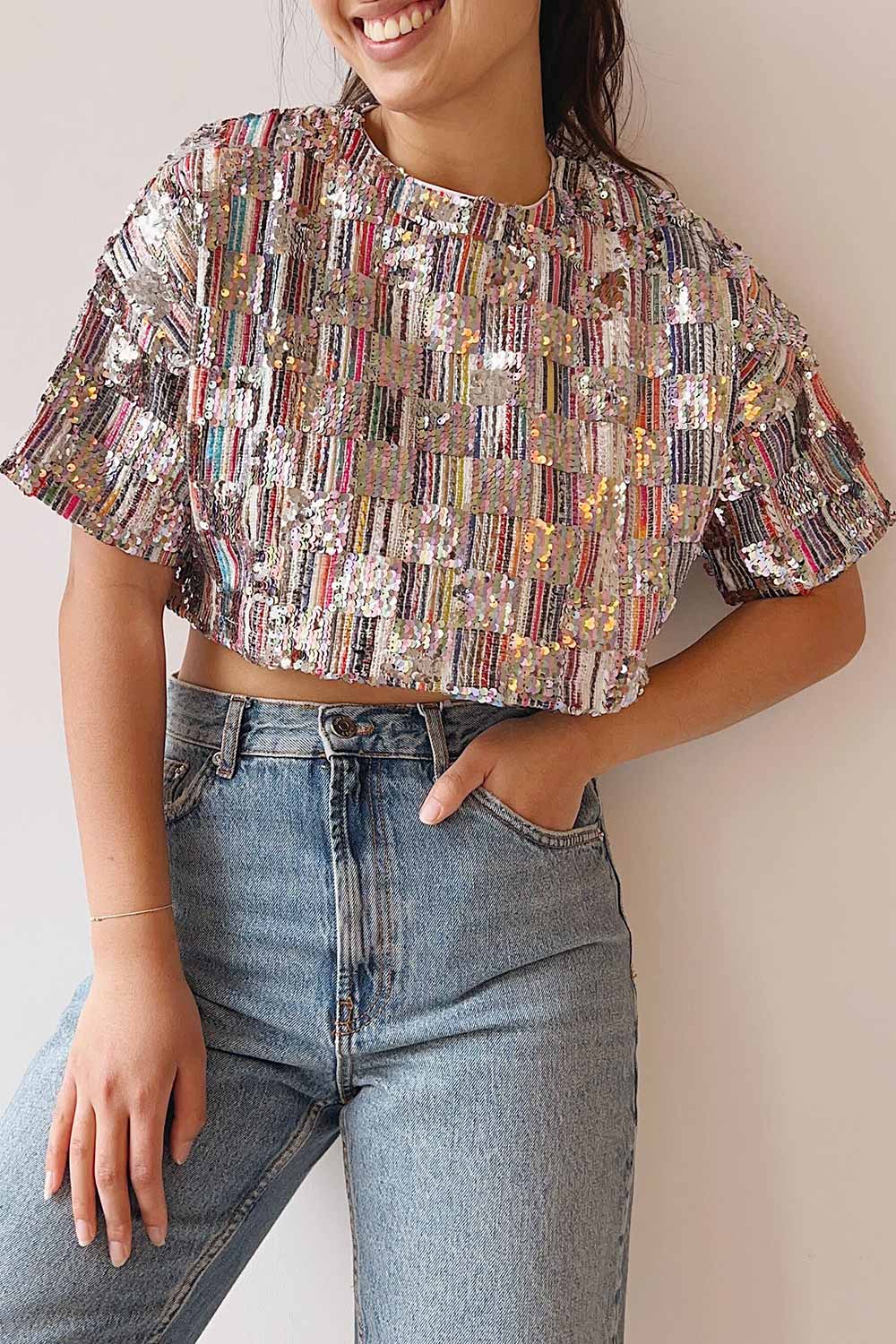 Bowie Short Sleeve Sequin Crop Top | La petite garçonne on model