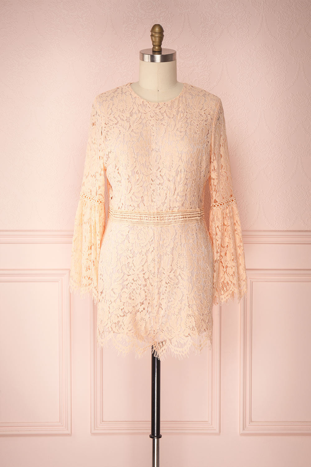Breana Light Pink Lace Bell Sleeves Plus Size Romper | Boudoir 1861